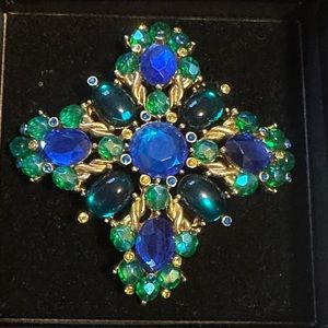 Joan Rivers Maltese Cross Brooch Blue & Green Rhinestones, Cabochons In Box